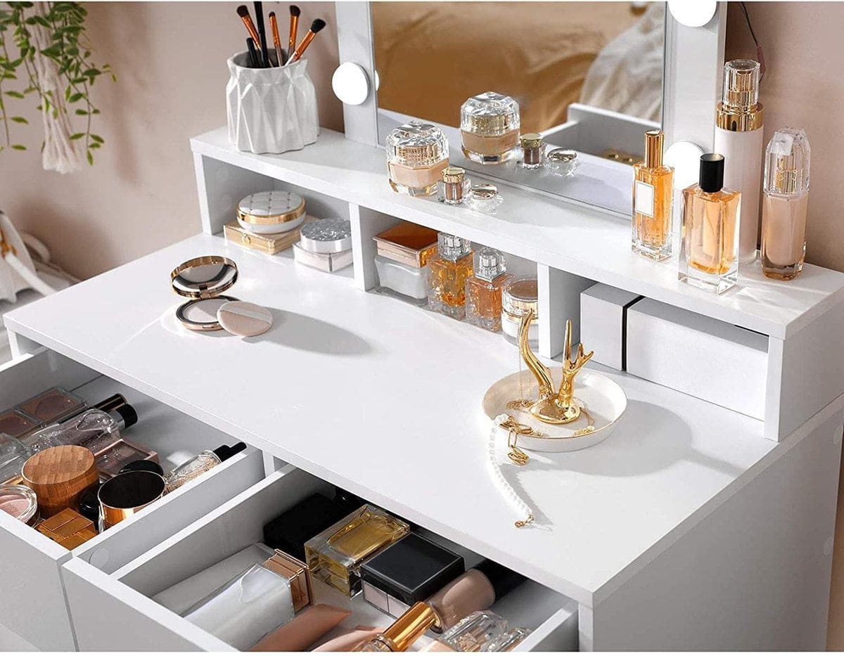 ZAZA kaptafel met spiegel en gloeilampen, cosmetische tafel met 2 lades en 3 open vakken, kaptafel, voor make-up, modern, wit RDT114W01 – ZaZa Home & Office